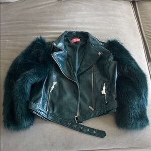 Green Leather Jacket with Faux Fur Sleeves (Unisex)